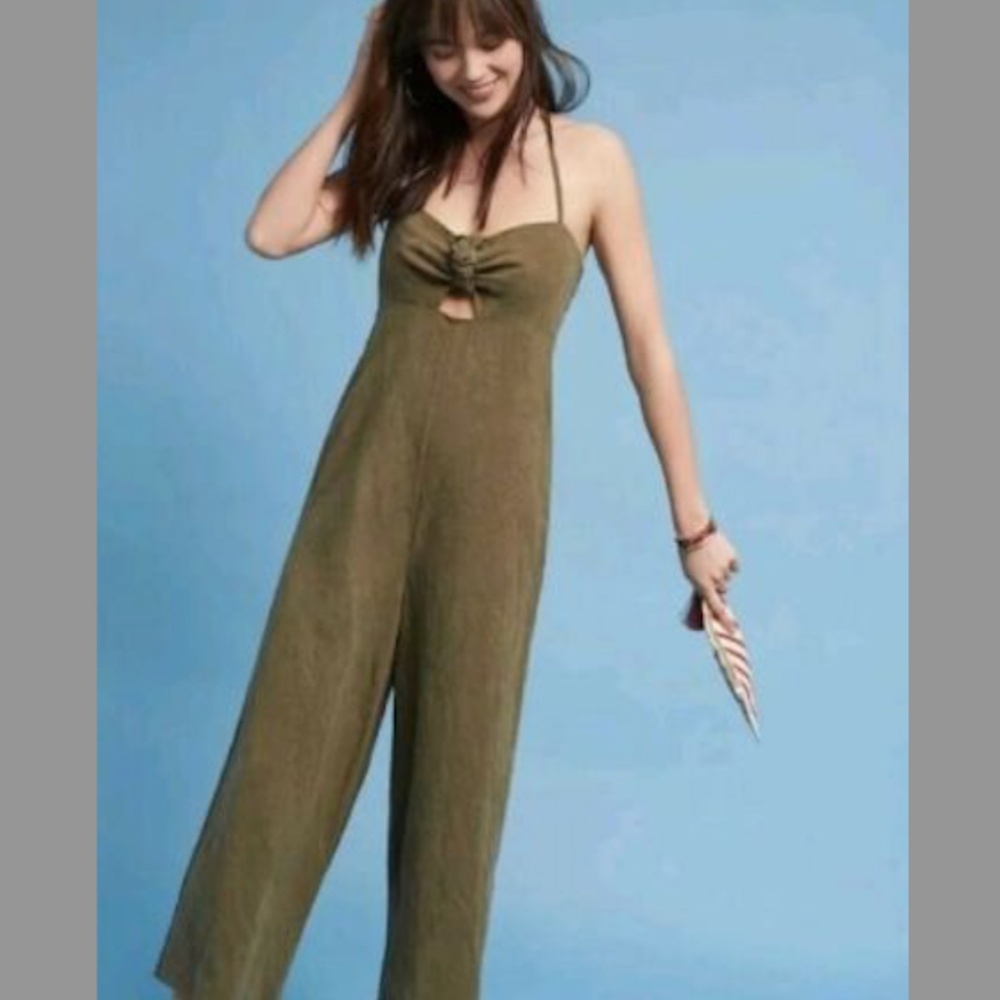 Anthropologie ELEVENSES Olive Tropicale Keyhole Self Tie Halter Jumpsuit Sz 2